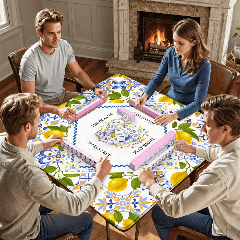 May include: Four people are gathered around a square table playing a game. The table is covered with a white, blue, and yellow patterned cloth. Pink game pieces are arranged around the table. The game appears to be Mahjong. The text "PLAY RIGHT" and "WALLS LEFT" is visible.