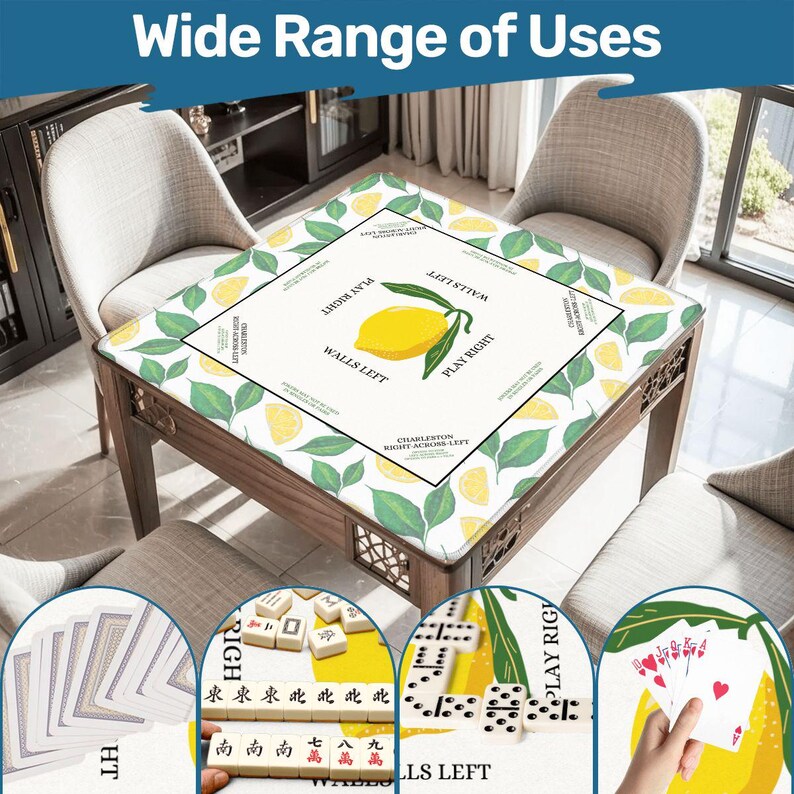 May include: A wooden game table with a lemon-themed cover, surrounded by chairs. The cover features a large lemon illustration and text that reads "Wide Range of Uses". The image also shows examples of games like cards, mahjong, and dominoes.