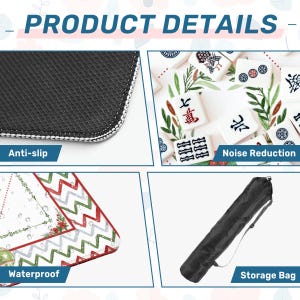 May include: Product details image featuring a black anti-slip surface, white Mahjong tiles, a waterproof surface with a red and green design, and a black storage bag. The image includes the text "PRODUCT DETAILS", "Anti-slip", "Noise Reduction", "Waterproof", and "Storage Bag".