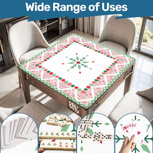 May include: A white table cover with a red and green decorative border and a snowflake design. The image shows the table cover on a wooden table, with examples of its use with playing cards, mahjong tiles, and dominoes. Text at the top reads "Wide Range of Uses."