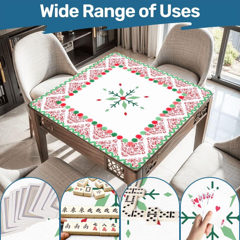 May include: A white table cover with a red and green decorative border and a snowflake design. The image shows the table cover on a wooden table, with examples of its use with playing cards, mahjong tiles, and dominoes. Text at the top reads "Wide Range of Uses."