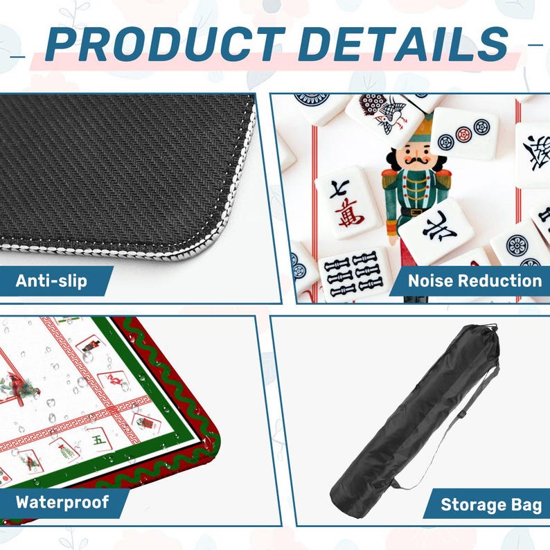 Puede incluir: Imagen de detalles del producto que muestra una superficie antideslizante negra, una alfombra impermeable con borde rojo y verde y una bolsa de almacenamiento negra. Tambi&eacute;n se ven fichas de mahjong y el texto "Noise Reduction".