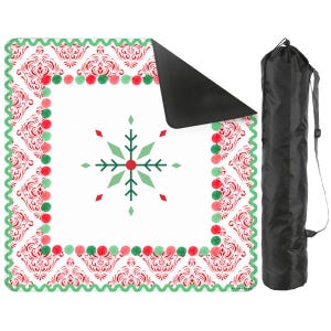 May include: A white yoga mat with a red and green damask pattern and a snowflake design. The mat has a green scalloped border and is decorated with red and green pom-poms. A black carrying bag is included.