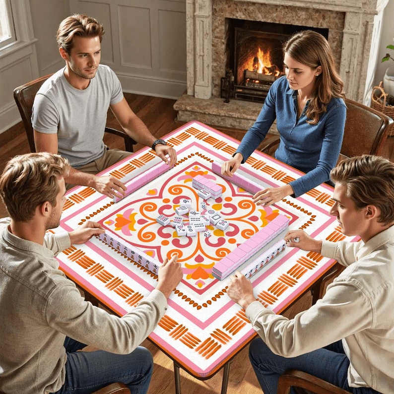 May include: A square Mahjong table with a pink, orange, and white floral design is surrounded by four people playing the game. The table has pink racks and tiles. A fireplace is in the background.