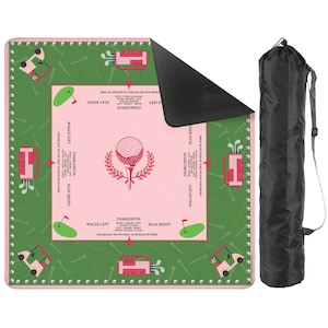May include: A golf-themed mat with a pink center featuring a golf ball on a tee and the text "Charleston". The mat has a green border with golf cart and tee graphics. A black carrying bag is on the right.