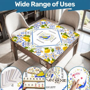 May include: A wooden table with a decorative top featuring a lemon and floral pattern. The table has a square shape and is surrounded by chairs. The image includes the text "Wide Range of Uses" and examples of games.