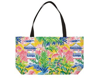 Mahjong Chinoiserie Pagoda Weekender Tote Bag | Chinoiserie large tote bag | Pagoda mahjong tote bag