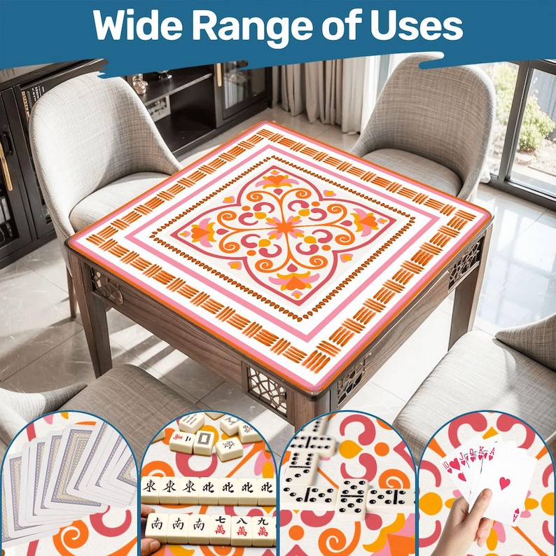 May include: A square table cover with a floral design in shades of pink, orange, and white. The table cover is placed on a wooden table. The image includes the text "Wide Range of Uses" at the top, and examples of games.