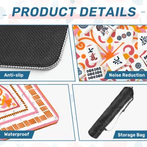 May include: Product details image showing a black anti-slip surface, a close-up of Mahjong tiles, a waterproof surface, and a black storage bag. The Mahjong tiles have Chinese characters and colorful designs. The image text says "PRODUCT DETAILS".