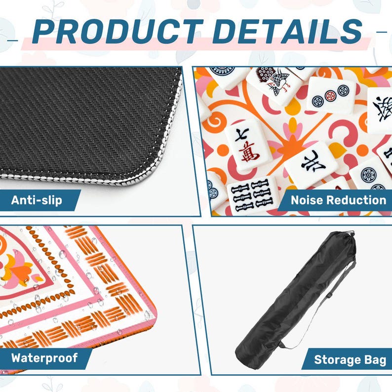 May include: Product details image showing a black anti-slip surface, a close-up of Mahjong tiles, a waterproof surface, and a black storage bag. The Mahjong tiles have Chinese characters and colorful designs. The image text says "PRODUCT DETAILS".