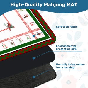 Puede incluir: Una esterilla de Mahjong de alta calidad con una superficie blanca con detalles rojos y verdes, e ilustraciones de fichas de Mahjong. La esterilla tiene un respaldo de espuma de goma gruesa antideslizante y tejido t&eacute;cnico suave. El texto "High-Quality Mahjong MAT" est&aacute; en la parte superior.