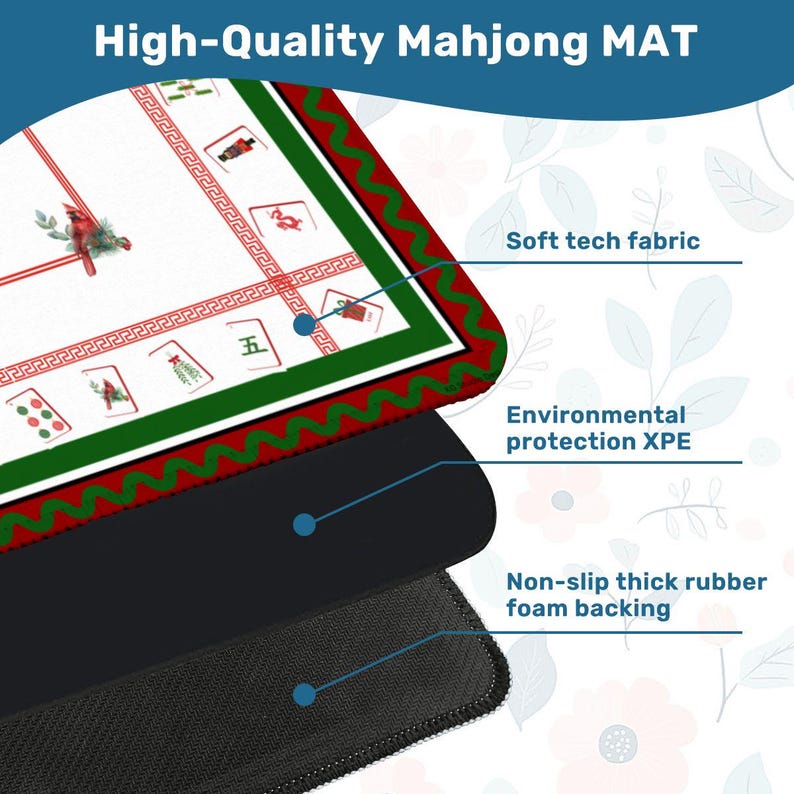 Puede incluir: Una esterilla de Mahjong de alta calidad con una superficie blanca con detalles rojos y verdes, e ilustraciones de fichas de Mahjong. La esterilla tiene un respaldo de espuma de goma gruesa antideslizante y tejido t&eacute;cnico suave. El texto "High-Quality Mahjong MAT" est&aacute; en la parte superior.