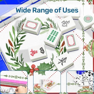May include: White mahjong tiles with red, green, and black symbols and designs are scattered on a white surface with a green and red floral pattern. The text "Wide Range of Uses" is at the top of the image. Other game pieces are shown in the bottom corners.