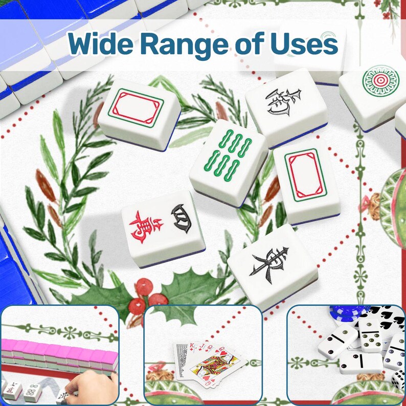 May include: White mahjong tiles with red, green, and black symbols and designs are scattered on a white surface with a green and red floral pattern. The text "Wide Range of Uses" is at the top of the image. Other game pieces are shown in the bottom corners.