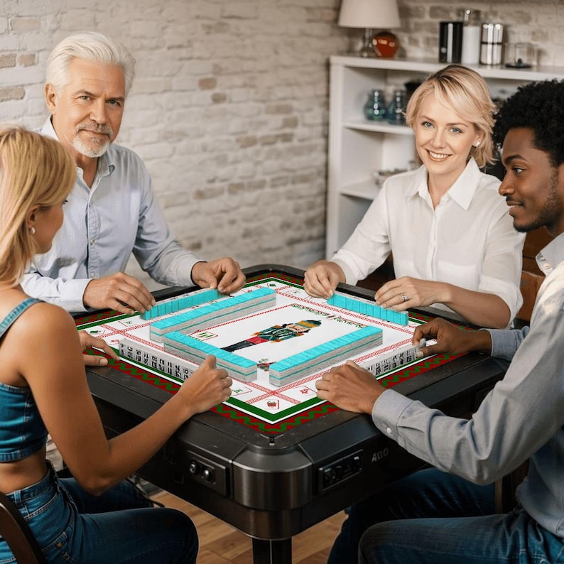 Puede incluir: Una mesa de Mahjong negra con una superficie de juego blanca y un borde verde y rojo. Cuatro personas juegan. Las fichas son de color azul claro. La mesa mide aproximadamente 90 cm x 90 cm.