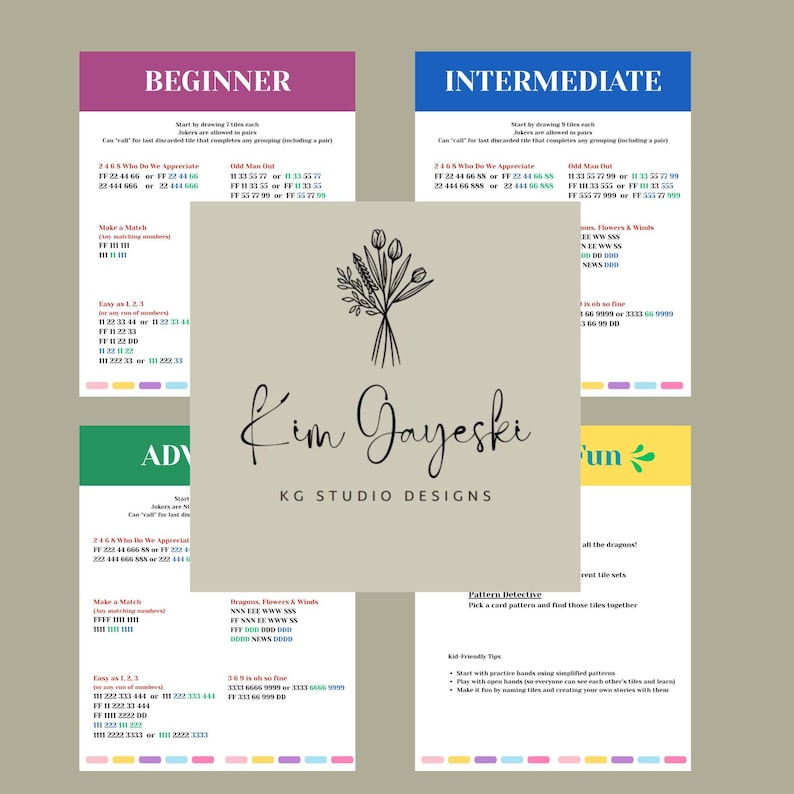 May include: A collection of colorful, instructional guides for tile-based games. The guides, labeled Beginner, Intermediate, Advanced, and Fun, feature text and diagrams. The Kim Gayeski KG Studio Designs logo is centered.