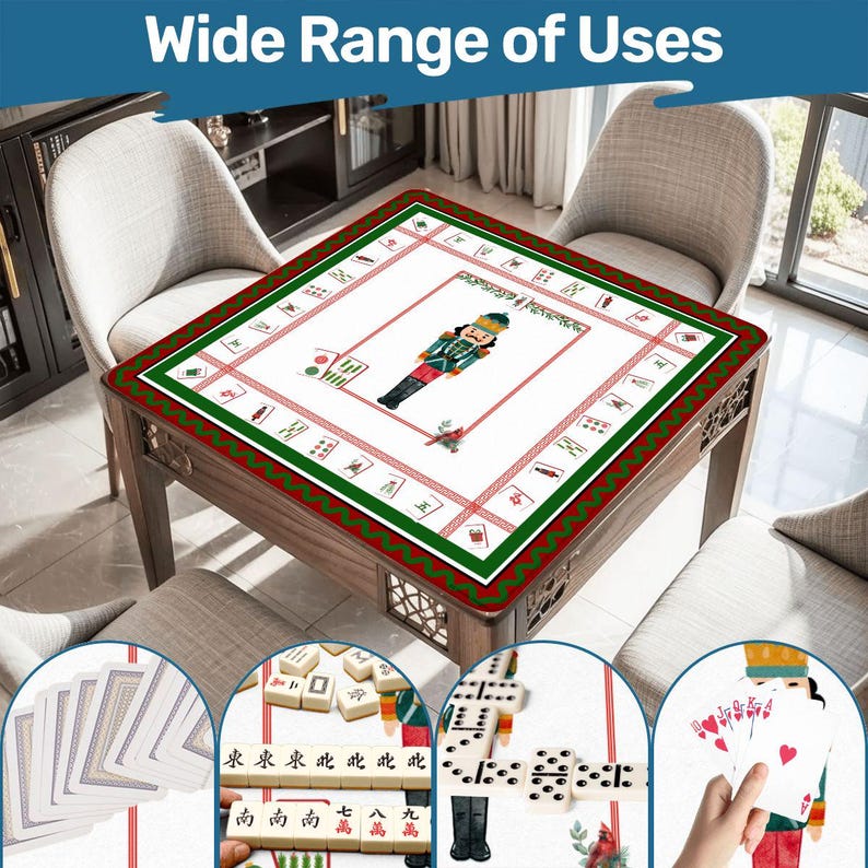 Puede incluir: Mesa de juego de madera con una superficie blanca con un dise&ntilde;o de cascanueces y bordes rojos y verdes. La mesa est&aacute; rodeada de sillas. La imagen tambi&eacute;n muestra piezas de juego como cartas, domin&oacute; y fichas de mahjong. El texto en la parte superior dice "Wide Range of Uses."