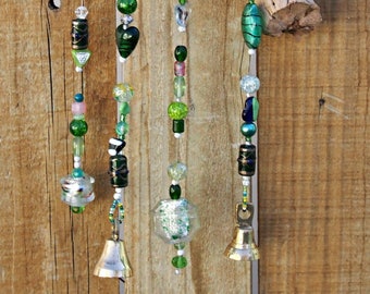 Green Glass Bead Suncatcher Driftwood Wind Chime For Windows - Bohemian Beaded Window Decor - Unique Hanging Garden Windchimes - Best Seller