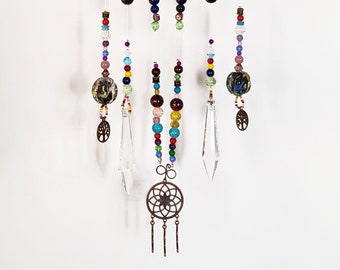 Boho Driftwood Rainbow Glass Beads and Crystals Sun Catcher -Bohemian Home Decor
