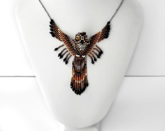 Great Horned Owl Glass Bead Necklace with Magnetic Clasp - Handmade Beaded Owl Jewelry - Unique Owl Lover Gift Under 70 For Father's Day