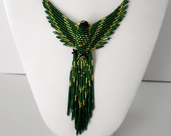 Phoenix Necklace with Magnetic Clasp- Green Gold 3D Glass Bead Firebird Pendant -Unique Handmade Thunderbird Necklace -Unisex Gift Under 75