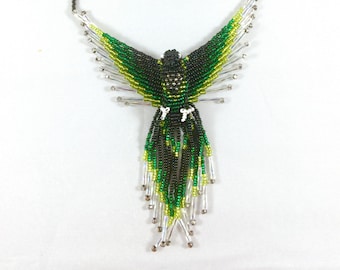 Phoenix Bird Green Glass Bead Pendant Necklace with Magnetic Clasp - Handmade Firebird or Thunderbird Jewelry - Unique Unisex Gift Under 70
