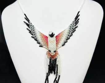 Scissortail Bird Glass Beaded Necklace with Pink White Gold Black Beads, Magnetic Clasp - Unique Handcrafted Valentine's Day Gift Under 70