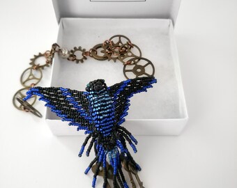 Steampunk Phoenix Necklace with Skeleton Keys and Clock Gears - Handcrafted Glass Bead Firebird Thunderbird - Unique Jewelry Gift Under 75