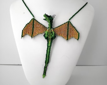 Handmade Green and Gold Glass Seed Bead Dragon Pendant Necklace - Unique 3D Beaded Dragon with Magnetic Clasp - Unisex Jewelry Gift Under 75
