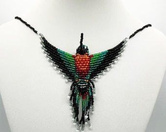 Beaded Hummingbird Necklace with Magnetic Clasp -Red, Orange, Green, Blue and Black Glass Bead Hummingbird