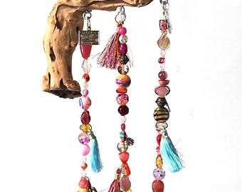 Glass Bead Driftwood Suncatcher with Tassels, Brass Bell, Essential Oil Diffuser, Nature Charms - Personalized