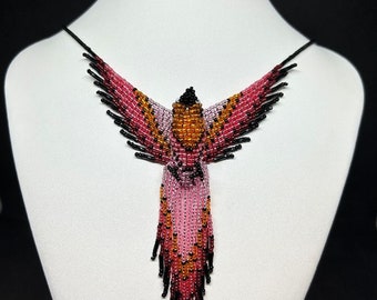 Pink Orange Black Glass Bead Handmade Phoenix Necklace with Magnetic Clasp -Firebird or Thunderbird Necklace -Unique Valentine Gift Under 70