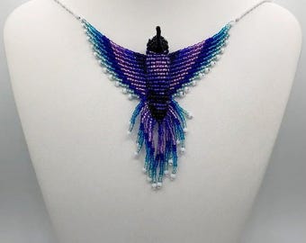 Purple and Blue Hummingbird Necklace with Magnetic Clasp - 3D Glass Seed Bead Pendant - Unique Handcrafted Gift Under 70