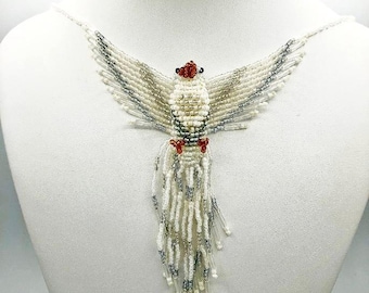 Peace Dove Beaded Necklace with Magnetic Clasp - White, Silver, Ivory, Light Blue Glass Beads - Unique Gift Under 70