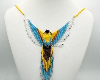 Handmade Phoenix Necklace with Skeleton Keys, Blue Gold Silver Glass Beads, Magnetic Clasp - Unique Unisex Gift Under 75 - Steampunk Jewelry