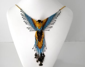 Handmade Phoenix Necklace with Skeleton Keys, Blue Gold Silver Glass Beads, Magnetic Clasp - Unique Unisex Gift Under 75 - Steampunk Jewelry