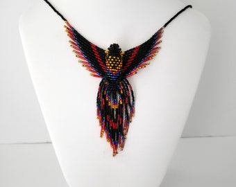 Phoenix Necklace -Black and Red Glass Bead Firebird Necklace with Magnetic Clasp -Unique Handmade Thunderbird Jewelry Unisex Gift Under 70