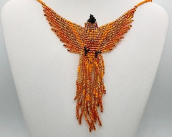 3D Orange Gold Glass Beaded Phoenix Bird Necklace With Magnetic Clasp - Firebird or Thunderbird Jewelry -Unique Christmas Gift Idea