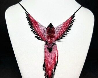 Pink and Black Glass Bead Phoenix Necklace with Magnetic Clasp- Firebird Thunderbird Beaded Jewelry- Unique Handmade Valentine Gift Under 70
