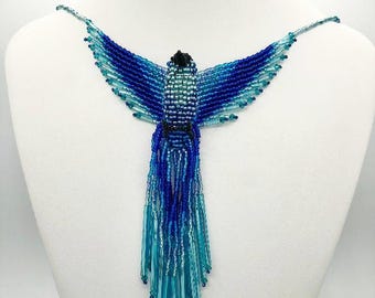 Blue Phoenix Glass Bead Necklace with Magnetic Clasp - Handmade Beaded Thunderbird or Firebird Necklace - Unique Unisex Gift Under 75