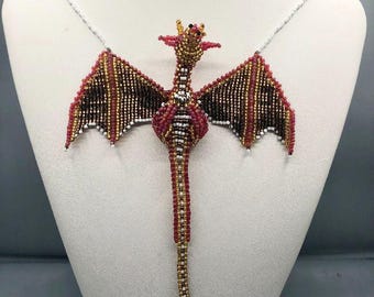 Glass Seed Bead Dragon Necklace with Magnetic Clasp -Unique Handmade 3D Red, Copper, Gold Beaded Dragon Pendant -Unisex Gift