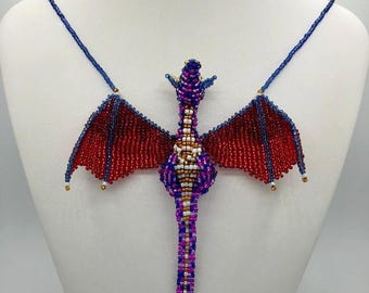 Glass Seed Bead Dragon Necklace with Magnetic Clasp -Red, Purple, Cobalt, Pink, Gold -Unique Handmade 3D Beaded Dragon Pendant -Unisex Gift