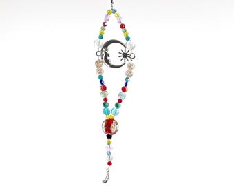 Moon and Star Mini Glass Bead Sun Catcher - Bohemian Beaded Suncatcher For Windows