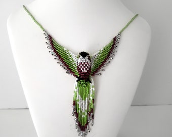 Handmade Phoenix Necklace, Glass Beads Dark Pink Lime Green Magnetic Clasp -Beaded Thunderbird Necklace -Unique Unisex Jewelry Gift Under 70