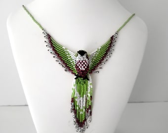 Handmade Phoenix Necklace, Glass Beads Dark Pink Lime Green Magnetic Clasp -Beaded Thunderbird Necklace -Unique Unisex Jewelry Gift Under 70