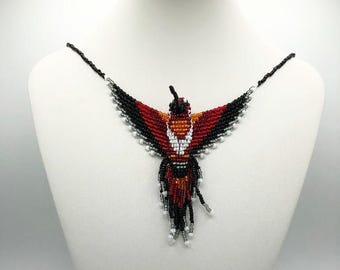Beaded Hummingbird Necklace with Magnetic Clasp - Red, Orange, and Black Glass Bead Hummingbird - Unique Gift for Mom Under 70
