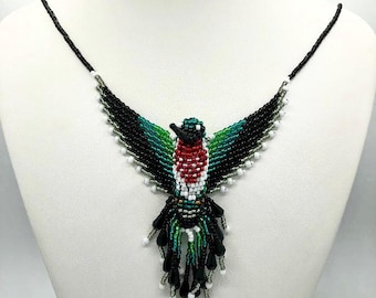 Ruby Throat Hummingbird Beaded Necklace with Magnetic Clasp and Black Teardrop Crystals in Tail - Unique Gift for Mom Under 70