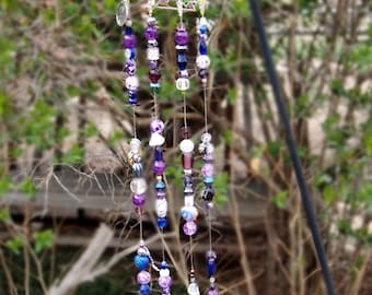 Purple Glass Bead Driftwood Suncatcher with Brass Bells, Metal Nature Charms - Made in USA -Personalized