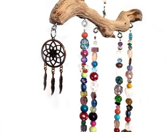 Multicolor Glass Bead Driftwood Sun Catcher with Dreamcatcher