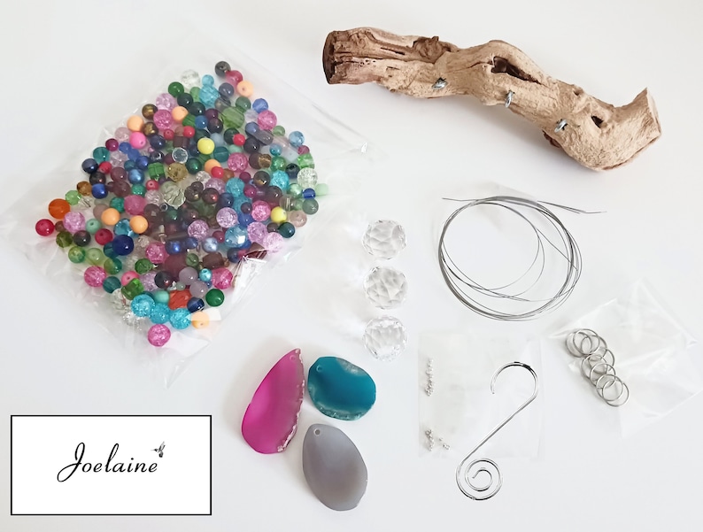 DIY Beaded Suncatcher Kit with Driftwood, Glass and Crystal Beads, Crystal Prisms or Polished Agate Slices, Precut Wire, and All Hardware image 1